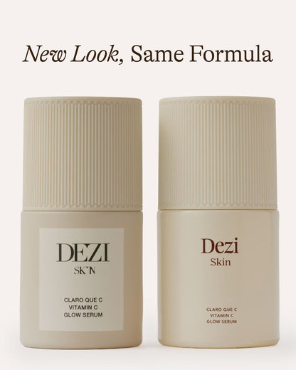 Dezi Skin Claro Que C Vitamin C Glow Serum old and new packaging side by side