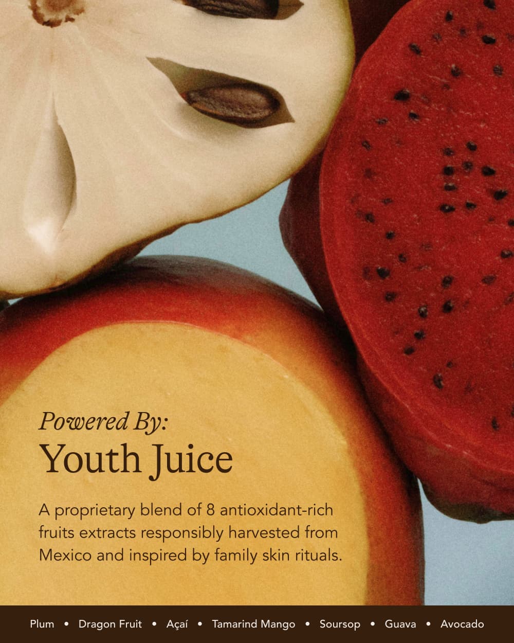 Dezi Skin Youth Juice blend of fruit extracts including soursop, dragon fruit, and mango that power Claro Que C Vitamin C Glow Serum
