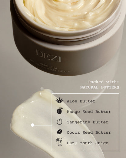 This shows an open jar of the belly butter. It looks whipped and soft. 